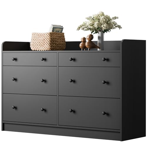 Image of Cozy Castle 6 Drawer Dresser for Bedroom, Large Wood Dressers & Chests of Drawers 52'' Long Modern Sideboard Buffet Cabinet with Storage Accent Cabinets for Hallway, Entryway, Black