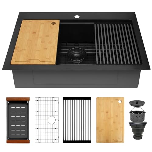 Image of 33 inch X 22 inch Drop In Kitchen Sink,16 Gauge Stainless Steel Black Kitchen Sink,Single Bowl Top Mount Workstation Kitchen Sinks (Black, 33 X 22 inch)