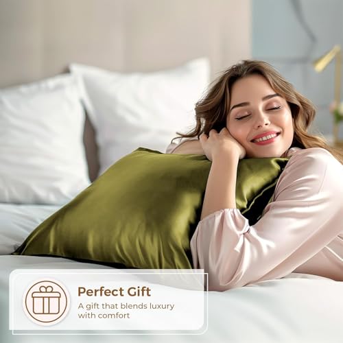 Image of Satin Pillow Covers Set of 2 - Soft & Smooth Pillowcases for Hair & Skin Care | Envelope Closure | Includes 3 Free Random Color Scrunchies | Frizz-Free Sleep Essentials (Olive Green)