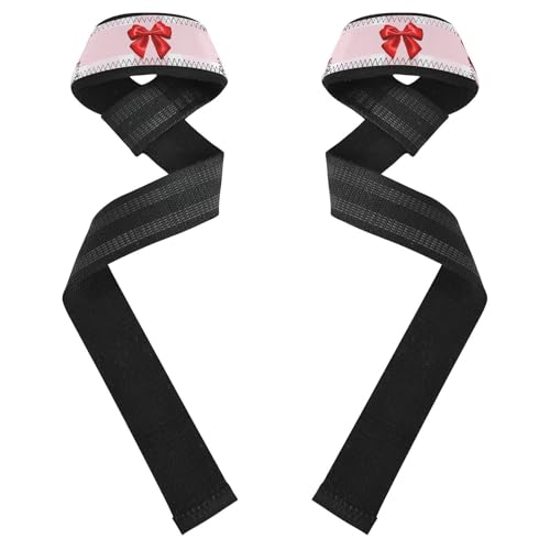 STAYTOP Red Ribbon Bow Wrist Straps for Weightlifting,Lifting Straps with Neoprene Cushioned Wrist Padded and Anti-Skid Silicone for Strength Training,Bodybuilding,Deadlifting