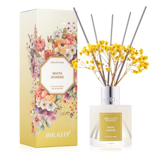 Image of Airkeep Reed Diffuser Set,6.76 fl oz (200 ml) - White Jasmine Oil Diffusers with 8 Reed Sticks, Home Fragrance Reed Diffuser for Bathroom Shelf Decor