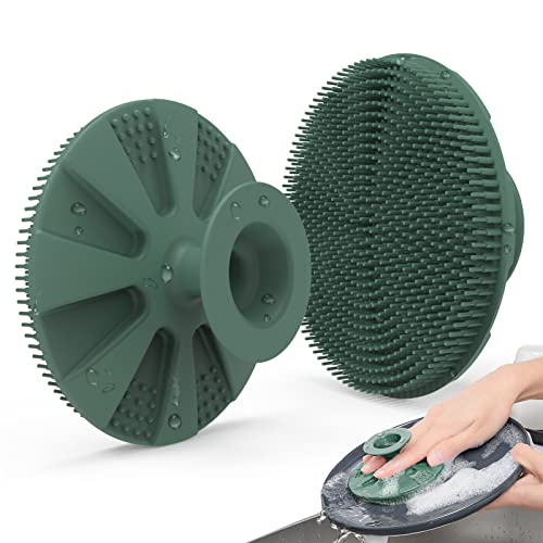Image of Silicone Dish Scrubber, Non-Scratch Scrub Spong for Washing Dish, Pot, Pan | Kitchen Silicone Sponge, Fruit & Vegetable Cleaning Brush, Reusable Dishwashing Scrubber, Suction Up Hang, 1 Pack, OliveGreen