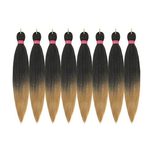 Pre-stretched Braiding Hair, Original Kanekalon Braid Hair Extensions, Hot Water Setting Crochet Hair Braids, Yaki Texture Easy Braiding Hair (24''-8 bundles, 1b/27)