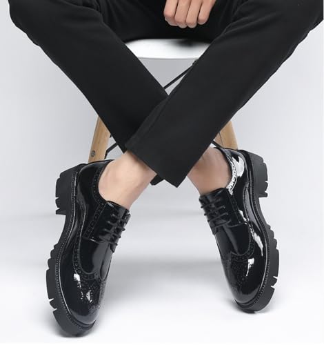 Men Patent Leather Platform Wingtip Oxfords Chunky Heel Round Toe Lug Sole Dress Shoes for Wedding Party4