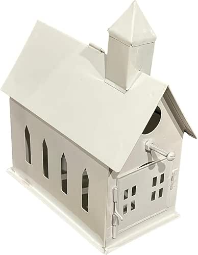 Handcrafted Decorative White Finish Metal Birdhouse Quaint Country Church Design