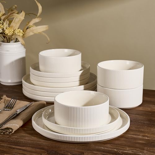 Richmount Star Juego de vajilla, servicio de porcelana 12 piezas para 4 personas, con platos y cuencos, apto para microondas y lavavajillas, Crema