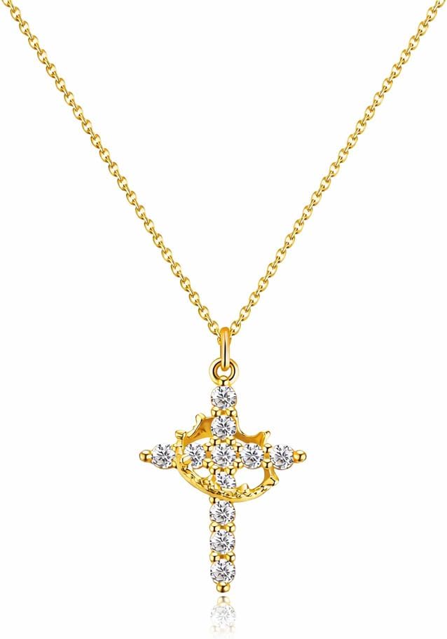 14K Gold Cross Necklace for Women Small Crown Dainty Crucifix Pendant Necklace Chain