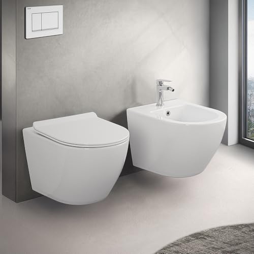 Coppia Sanitari Sospesi RIMLESS, Ceramica Bianco, Compatto Salvaspazio Profondità 48.5 cm, completo di Copriwc rallentato