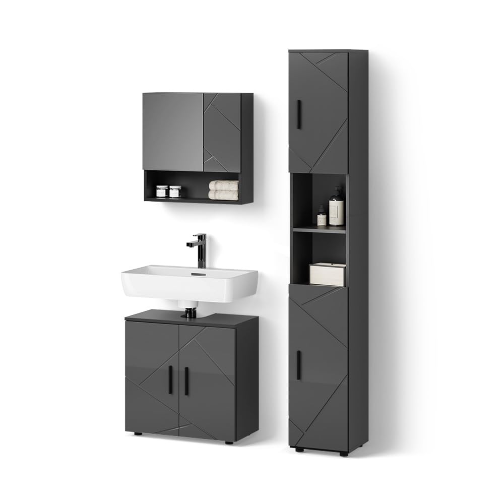 Livinity Badmöbel-Set Ronco, Anthrazit Hochglanz, 3 Teile, mit Hochschrank