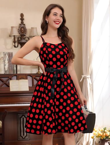 Image of Women Vintage Polka Dot 1950s Rockabilly Halter Audrey Dress Retro Floral Evening Cocktail Swing Dress
