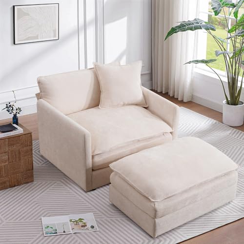 Sillón moderno chenille beige con otomán miniatura 3