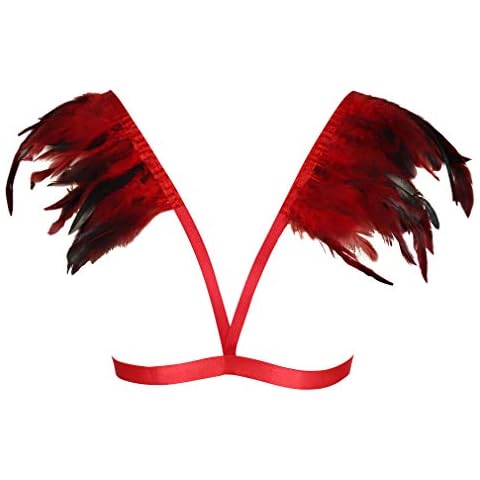 Feathers Epaulets Woman's Body Harness Bra Punk Goth Belt Top Lingerie cage Festival Rave Chest Strap Plus Size (Red) Cover
