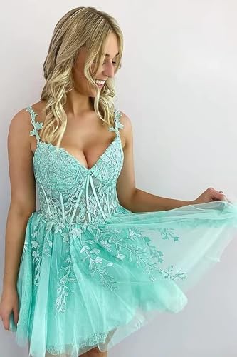Lace Applique Beaded Short Homecoming Dresses Tulle Spaghetti Straps Mini Cocktail Party Prom Dress2