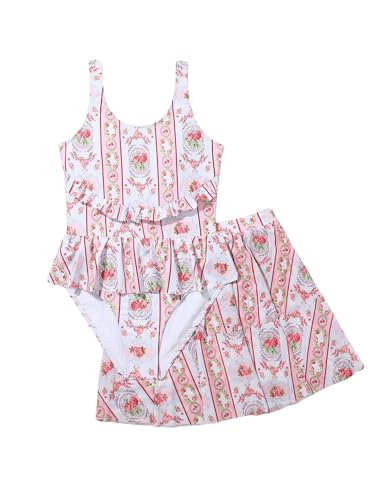 Image of WDIRARA Girl's 2 Piece Floral Print Ruffle Trim Swimsuit Bathing Suit with Cover Up Beach Skirt