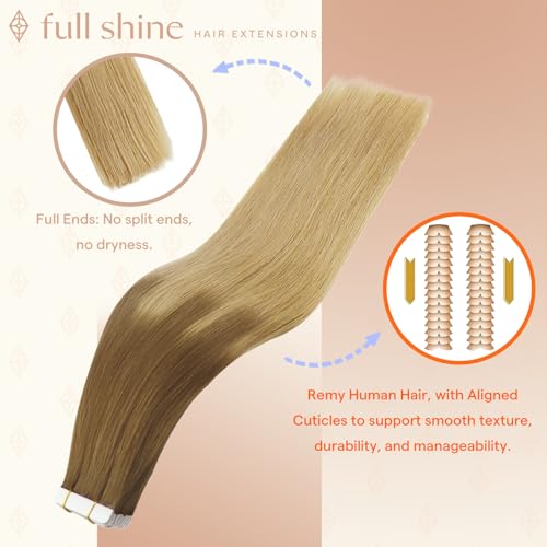 Image of Full Shine Hair Extensions Tape in, Sunkissed Warm Blonde Ombre 18 Inch | 50g 20PCS, Seamless Skin Weft Remy Tape in Hair Extensions, Straight Double Sided Design Soft Finish Party Styling