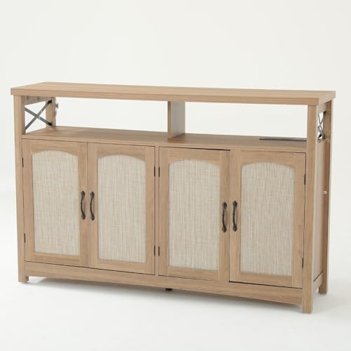DWVO Farmhouse TV Stand with LED Lights & Power Outlets, Wood Entertainmenr Center w/Rattan Storage Cabinets for TV Up to 60", Boho Console Cabinets with Adjustable Shelves for Living Room (Oak)
