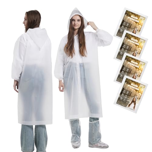 4 Pack Rain Poncho for Adults with Matching Disposable Shoe Covers, Lightweight Adult Ponchos with Hood Reusable for Travel and Outdoor Events, Convenient Ponchos Family Pack Reusable