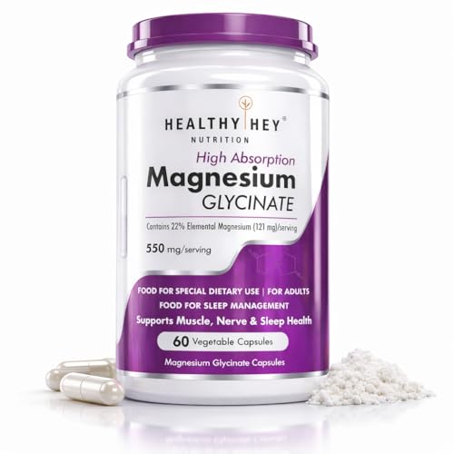Image of HealthyHey Nutrition Magnesium Glycinate High Absorption for Sleep, Cramps, & Nerves Health -60 Vegetable Capsules