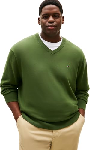 Tommy Hilfiger Jersey BT-Essential de algodón con Cuello en V para Hombre, MW0MW43012, Verde, XXL_Plus, Verde (Pino de montaña), XXL Grande