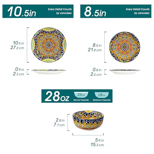 vancasso 12 Pieces Dinnerware Sets, Dark Green Plates and Bowls Set, Porcelain Dishes Set for 4, Microwave and Dishwasher Safe, Scratch Resistant, Bohemian Style Dining Ware Service for 4, Series SIMI