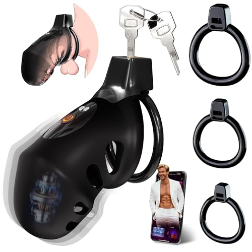 Vibrating Chastity Cage Cock Cage with 10 Vibrations App Control 4 Replaceable Rings Penis Cage Vibrating Cock Ring Chastity Devices Male Sex Toys for Men Male Chastity Cage for Penis Bondage Gear