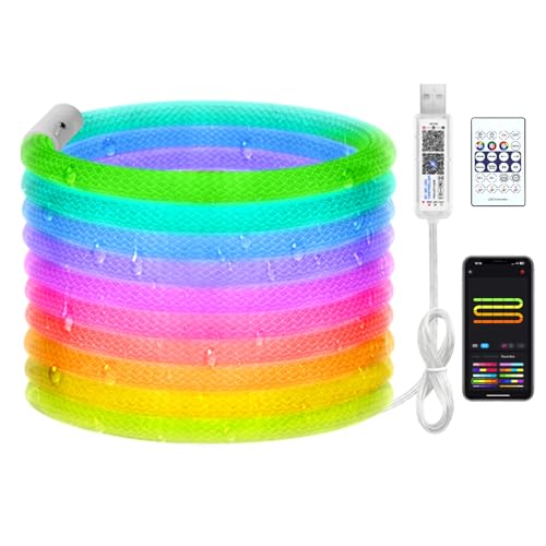 RGB+IC LED Rope Lights,5m/16.4ft 360 Degree Luminous Reticulate Weave Rope Lights,5V USB Powered Flexible Music Sync Remote APP Control for Gaming Room Living Bedroom Wall Indoor Outdoor Décor