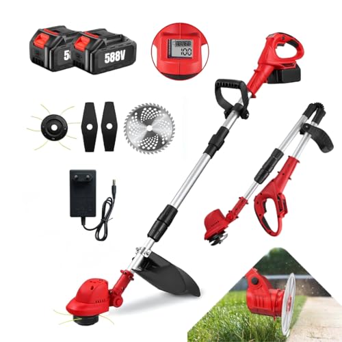 Desbrozadora Bateria Brushless 4000W | Cabezal de Hilo Giratorio 90º | Mango Telescopico Ajustable | Peso Ligero | Diametro Corte 23cm | 2 Baterías 588V | Hilo Nylon | 3 Cuchillas Metal