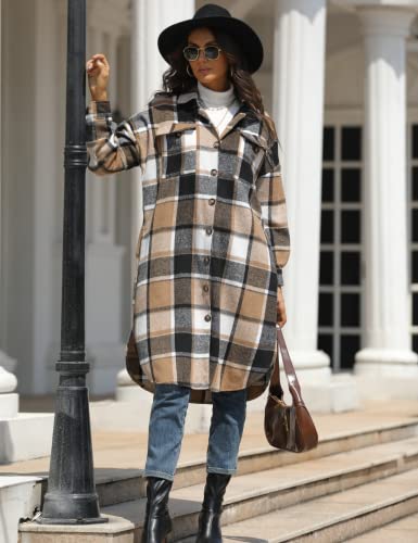 Omoone Women's Thick Woolen Lapel Button Up Long Plaid Shirt Coat Check Maxi Shacket(1799-Brown-L) #TOP1