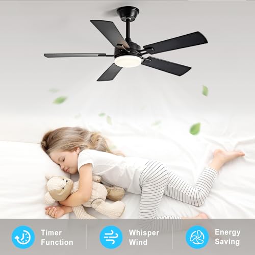 Image of Depuley 42-inch Ceiling Fan with Light: Black Ceiling Fan for Living Room Indoor Outdoor - Modern Ceiling Fan with Remote Control 3CCT Dimmable Noiseless 5 Reversible Walnut Blades 6 Speeds Timer