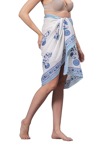 Paréo de plage femme coton aqua : grande jupe cache-maillot et longue écharpe d'été