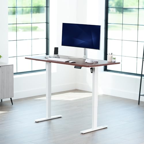 Image of VIVO Dark Walnut 60 x 30 in Standing Desk, DESK-KIT-1W6D-30 | Electric, Holds 220 lbs, Sit Stand, Height Adjustable, Extra Deep Table Top, Memory Presets, 1B Series, White Frame
