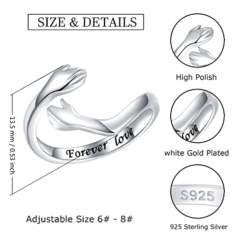 Hug Ring For Women Sterling-Silver Adjustable - White Gold Plated Hand Hugging Hug Rings For Teen Girl Women Mens Mom And Daughter Mother's Day Birthday Holiday Jewelry Gift 5-8# #TOP5
