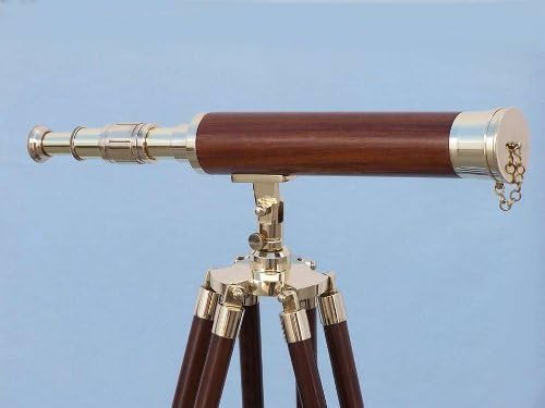 Hampton Nautical Floor Standing Brass/Wood Harbor Master Telescope, 50", Brass