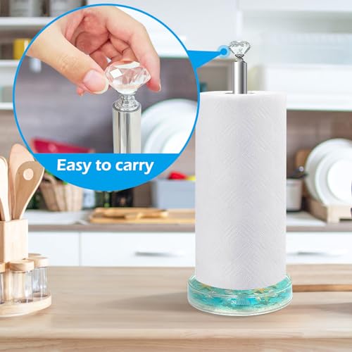 Image of FONMY Paper Towel Holder Countertop Acrylic w /Nature Seashell Handmade,Seascape Standing Paper Towel Roll Holder for Kitchen Bathroom, with Weighted Base Suction Cups for One-Handed Operation (Blue)