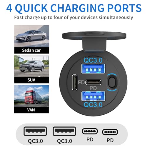 Image of 2 Pack Dual PD 30W USB C Port and Dual Quick Charge 3.0 Port 12V USB Outlet with Power Switch, 78W Multiport Car Charger Socket Waterproof DIY Accessories for Car Boat Marine Motorcycle RV ATV