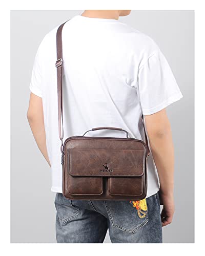 Bolsas para homens Bolsas de mão de bolso duplo Bolsas de ombro transversal de couro, Marrom escuro,