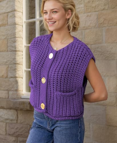 Image of Women's Sleeveless Chunky Knit Cardigan V-Neck Button Down Vest Casual Loose-Fitted Crochet Sweater with Pockets 2024
