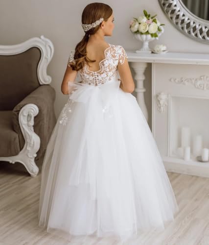 Flower Girls Dresses for Wedding Lace Appliques First Communion Dresses Party Ball Gowns with Bow-Knot PT1394