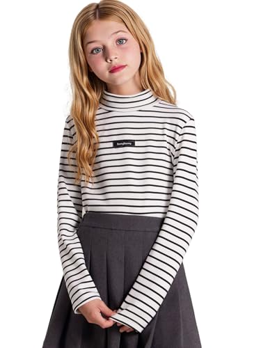 Girls Black & White Striped Long Sleeve Shirt - Mid-Crew Neck Cotton Top for Girls, Classic Breathable Shirt 6-16Y