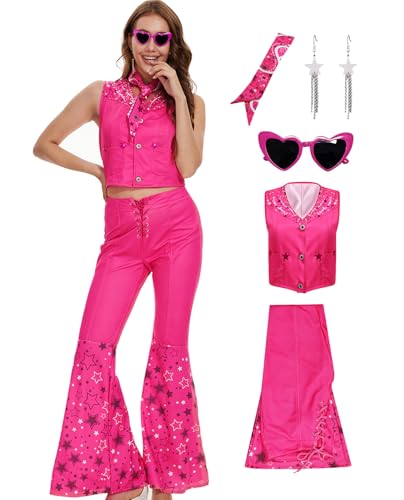 Poboola Pink Cowgirl Costume 80s Outfits for Women 70s Disco Costume Hippie Flare Pant Halloween Cosplay With Glasses Scarf 2XL