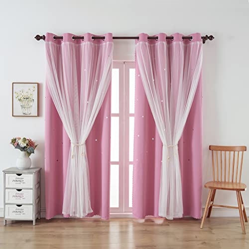 Indistar Star Curtains For Bedroom Star Hollow Out Blackout Curtains For Kids Room Double Layer Star Cut Out Window Decor(2 Panel, 52W X 63L Inch,Pink) #TOP1