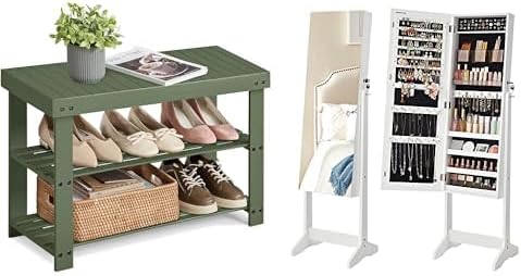 SONGMICS Shoe Rack Bench, Jewelry Cabinet Armoire with 2 Plastic Cosmetic Storage, ULBS004C01 and UJJC002W01