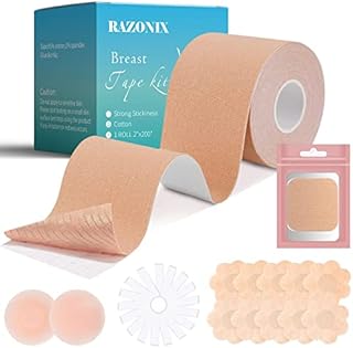 RAZONIX Boob Tape, Replace Your Bra-Instant Breast Tape, Suitable for A-G, 1 Breast Lift Tape, 5 Pairs Satin Breast Petals, 1 Pair Silicone Nipple Stickers, 42 PCS Double Sided Tape Beige