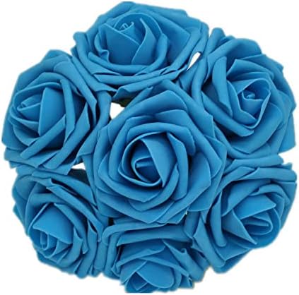 50 pcs Artificial Flowers Foam Roses for Bridal Bouquets Wedding Centerpieces Kissing Balls (Turquoise Blue)