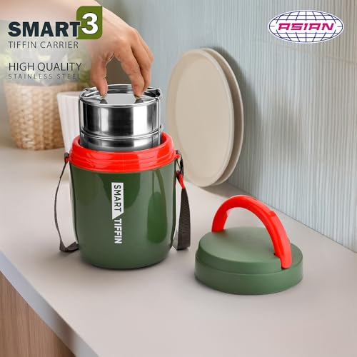 Image of Asian Plastowares - Tiffin Carrier 3 | Insulated Lunch Box | Compact | 3 Containers | Lunch Box for Adult | Leak-Proof | Ideal for Office or School | Dark Green