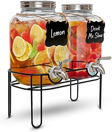 CHENE DE SAINT MARS Glass Drinks Dispenser with Metal Stand, Drinks Dispenser for Parties, Water Jug Dispenser, Water Dispenser Countertop, Beverage Dispenser with Stand, Lemonade Stand for Kids,