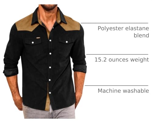 Image of Yousify Mens Western Cowboy Shirt Retro Corduroy Shirts with Pockets | Long Sleeve, Button Down, Vintage Snap Shirt, Country Shacket Jackets
