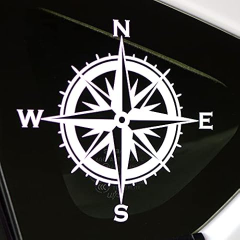 Byzee Compass Decal Die Cut Vinyl Hiking Sticker | White 5.5" inch Automotive Grade Camping Graphic for Car Truck or Van | Travel Icon Wanderlust Cardinal Directions Map Cover