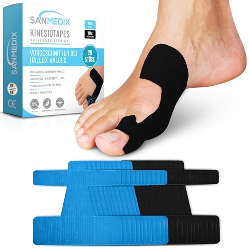 Sanmedix Hallux Valgus Kinesiotape – 20 vorgeschnittene Sport & Physio Tapes für Zeh und Fuß – Precut Kinesiologie Tape bei Ballenzehen, hautfreundlich und latexfrei (Schwarz + Blau, 20 Stück)