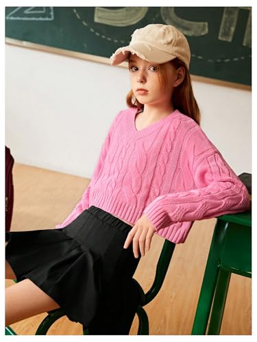 SweatyRocks Girl's V Neck Cute Cropped Sweater Long Sleeve Drop Shoulder Ribbed Cable Knit Loose Pullover Sweaters3
